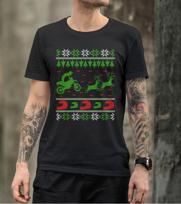 Motocross Enduro Sport Christmas Sweater With Reindeer And Helmets T-Shirt