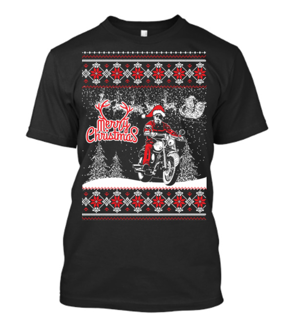 Merry Christmas Santa Motorcycle Snowflakes Nordic Knit T-Shirt