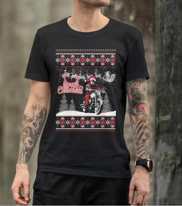 Merry Christmas Santa Motorcycle Snowflakes Nordic Knit T-Shirt