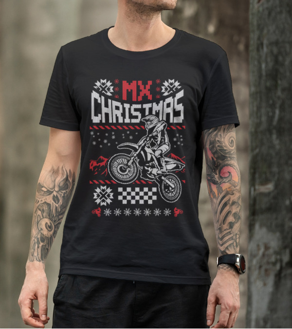 MX Christmas Motorcycle Motocross Sweater Style Snowflakes Checkerboard T-Shirt