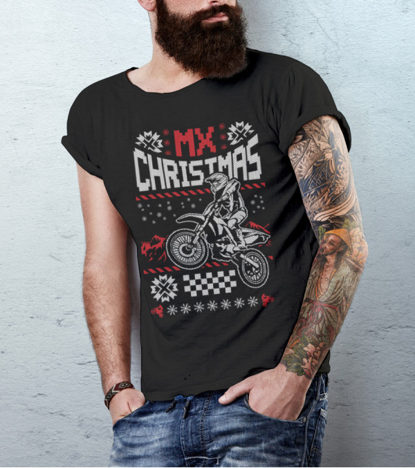 MX Christmas Motorcycle Motocross Sweater Style Snowflakes Checkerboard T-Shirt