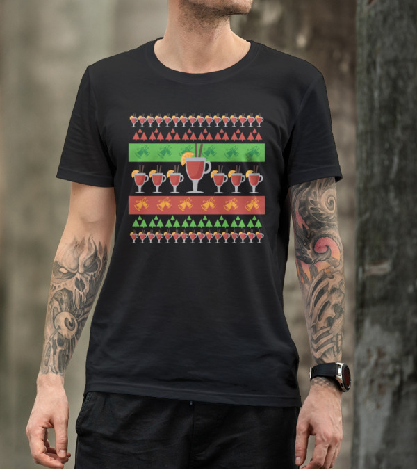 Cinnamon Mulled Wine Christmas Sweater Pattern With Gifts And Trees T-Shirt
