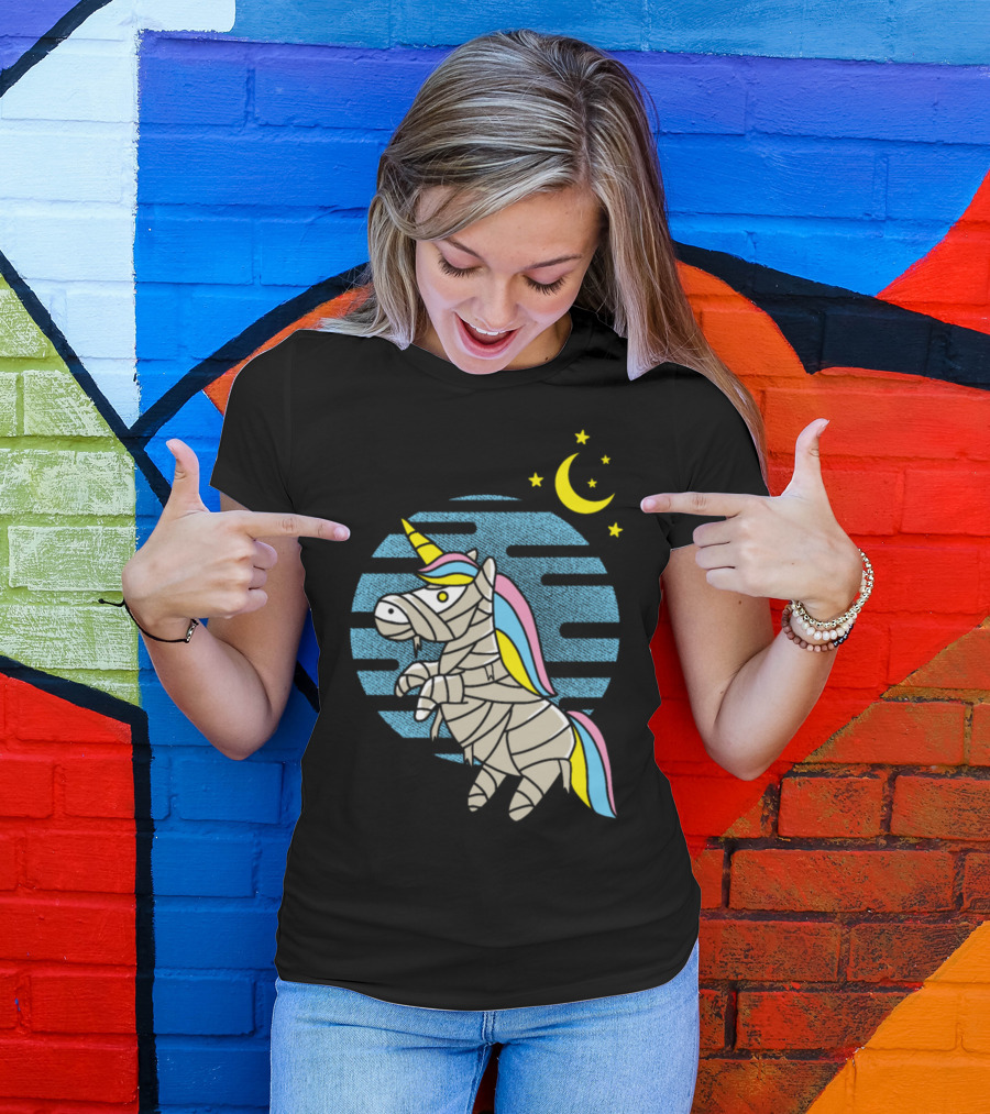 Mummy Unicorn Crescent Moon Blue Night Sky T-Shirt