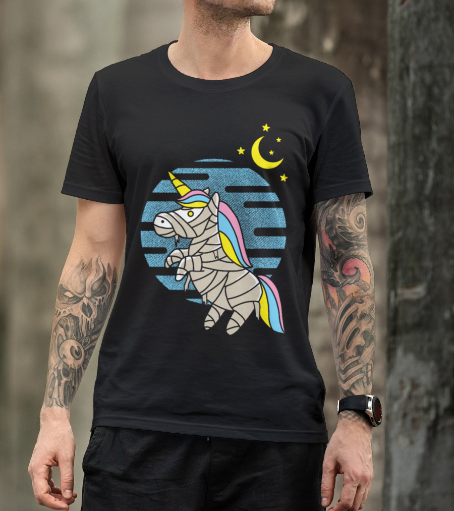 Mummy Unicorn Crescent Moon Blue Night Sky T-Shirt