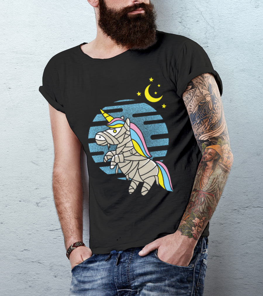 Mummy Unicorn Crescent Moon Blue Night Sky T-Shirt