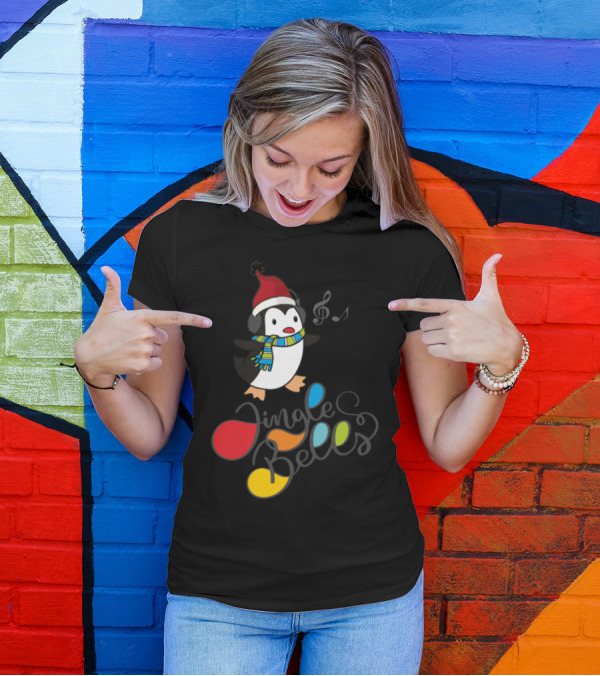 Jingle Bells Music Penguin Wearing Santa Hat And Scarf T-Shirt
