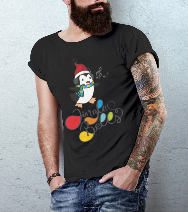 Jingle Bells Music Penguin Wearing Santa Hat And Scarf T-Shirt