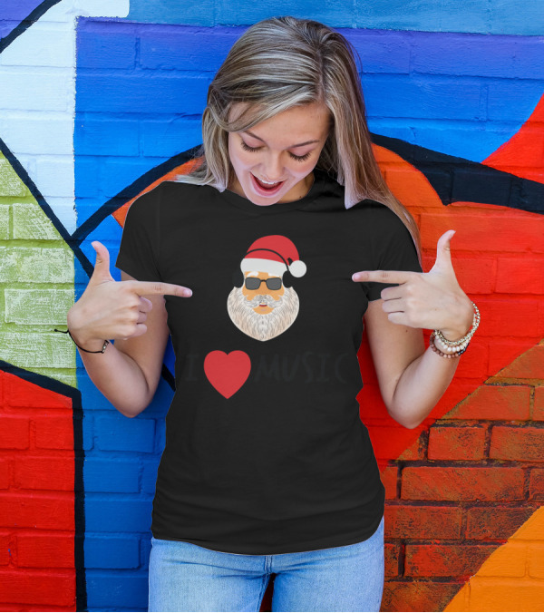 I Love Music Santa With Headphones And Sunglasses T-Shirt