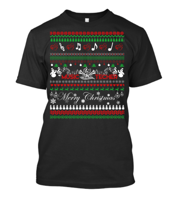 Music Teacher Merry Christmas Music Notes Snowmen Hearts T-Shirt