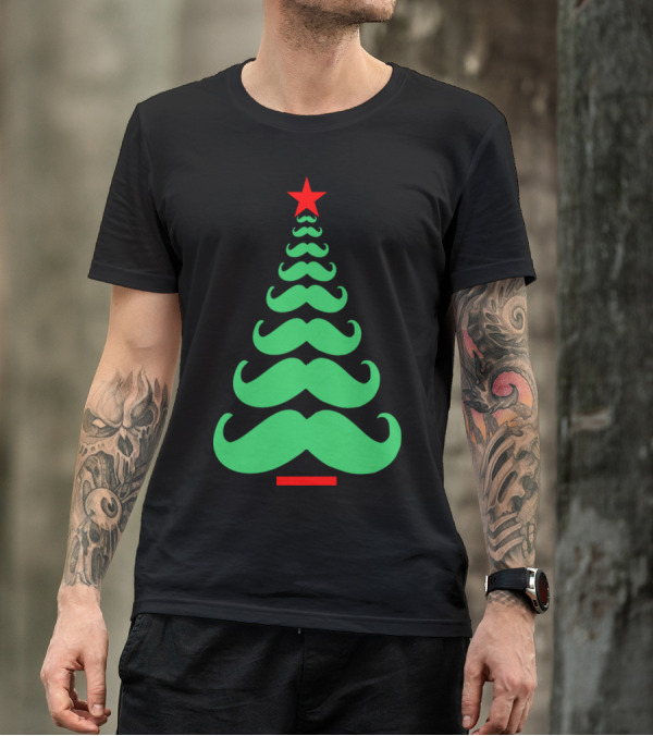 Christmas Tree Made Of Mustaches With Red Star Topper T-Shirt