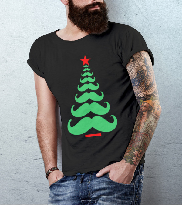 Christmas Tree Made Of Mustaches With Red Star Topper T-Shirt