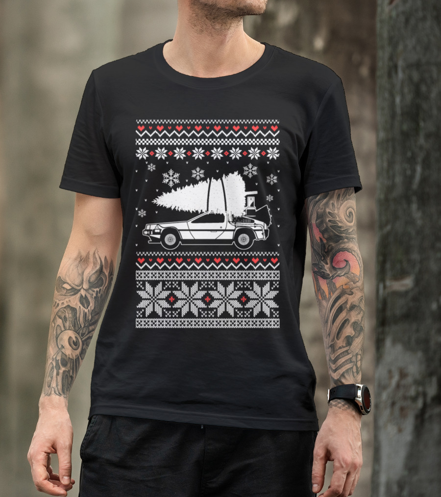 Delorean Christmas Sweater With Car And Tree T-Shirt