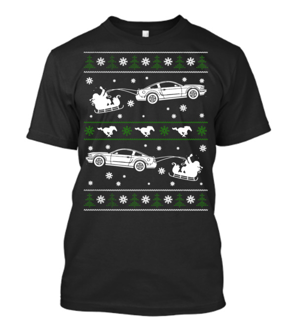 Mustang Christmas Car Pattern Santa Sleigh Snowflakes Trees T-Shirt