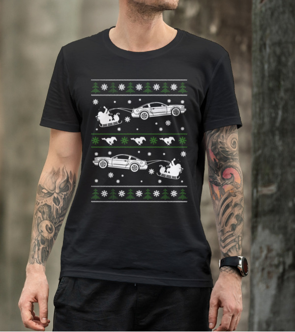 Mustang Christmas Car Pattern Santa Sleigh Snowflakes Trees T-Shirt
