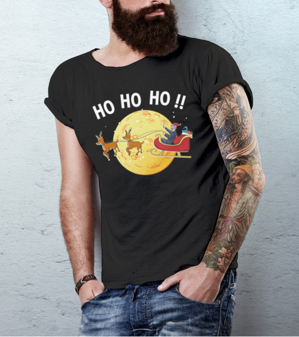 HO HO HO Myers Horror Santa Claus Moon Riding Sleigh With Reindeer T-Shirt