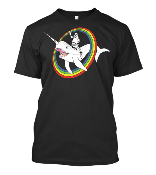 Narwhal Riding Stormtrooper Through Rainbow Rings T-Shirt