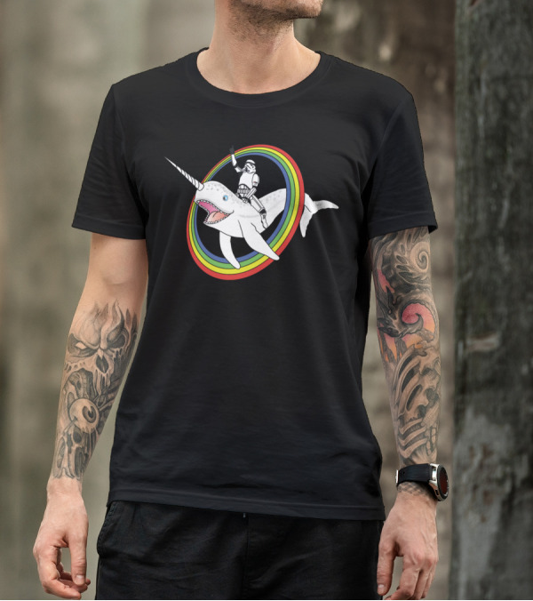 Narwhal Riding Stormtrooper Through Rainbow Rings T-Shirt