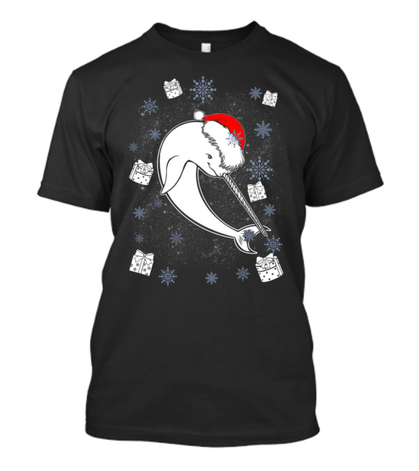 Narwhal Whale Unicorn Santa With Presents And Snowflakes T-Shirt