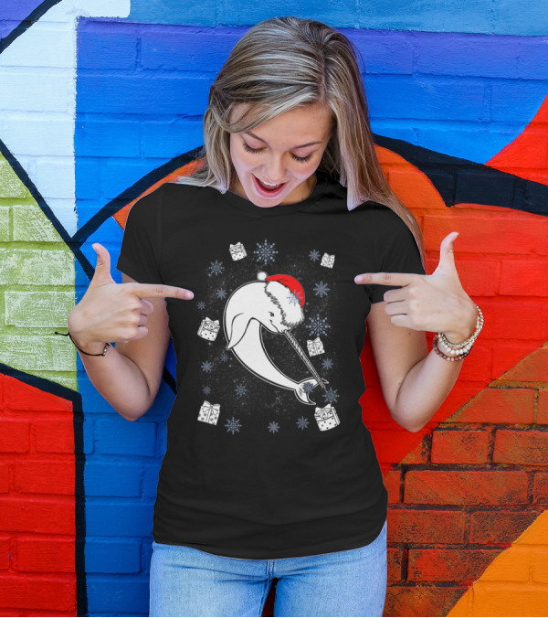 Narwhal Whale Unicorn Santa With Presents And Snowflakes T-Shirt