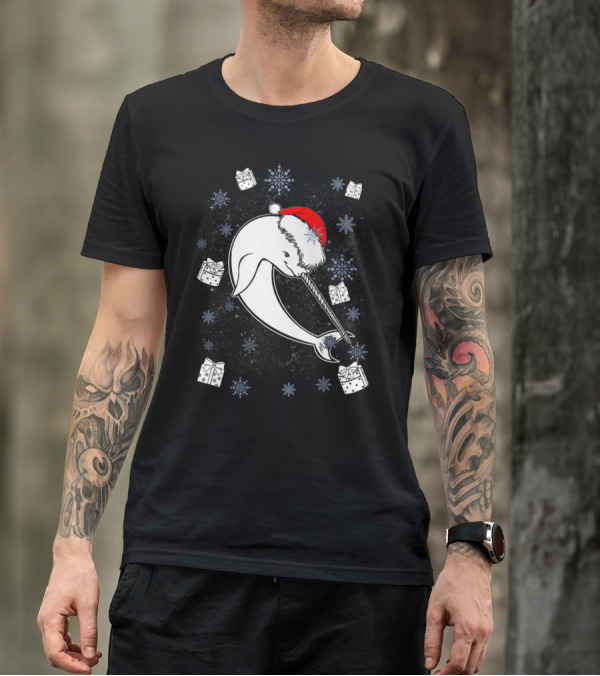 Narwhal Whale Unicorn Santa With Presents And Snowflakes T-Shirt