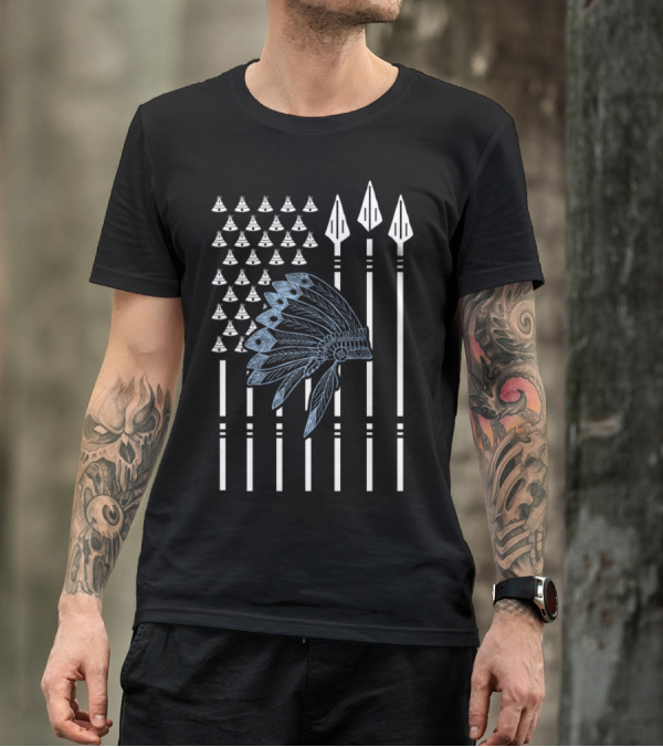 Native American Headdress Teepees Spear Flag T-Shirt