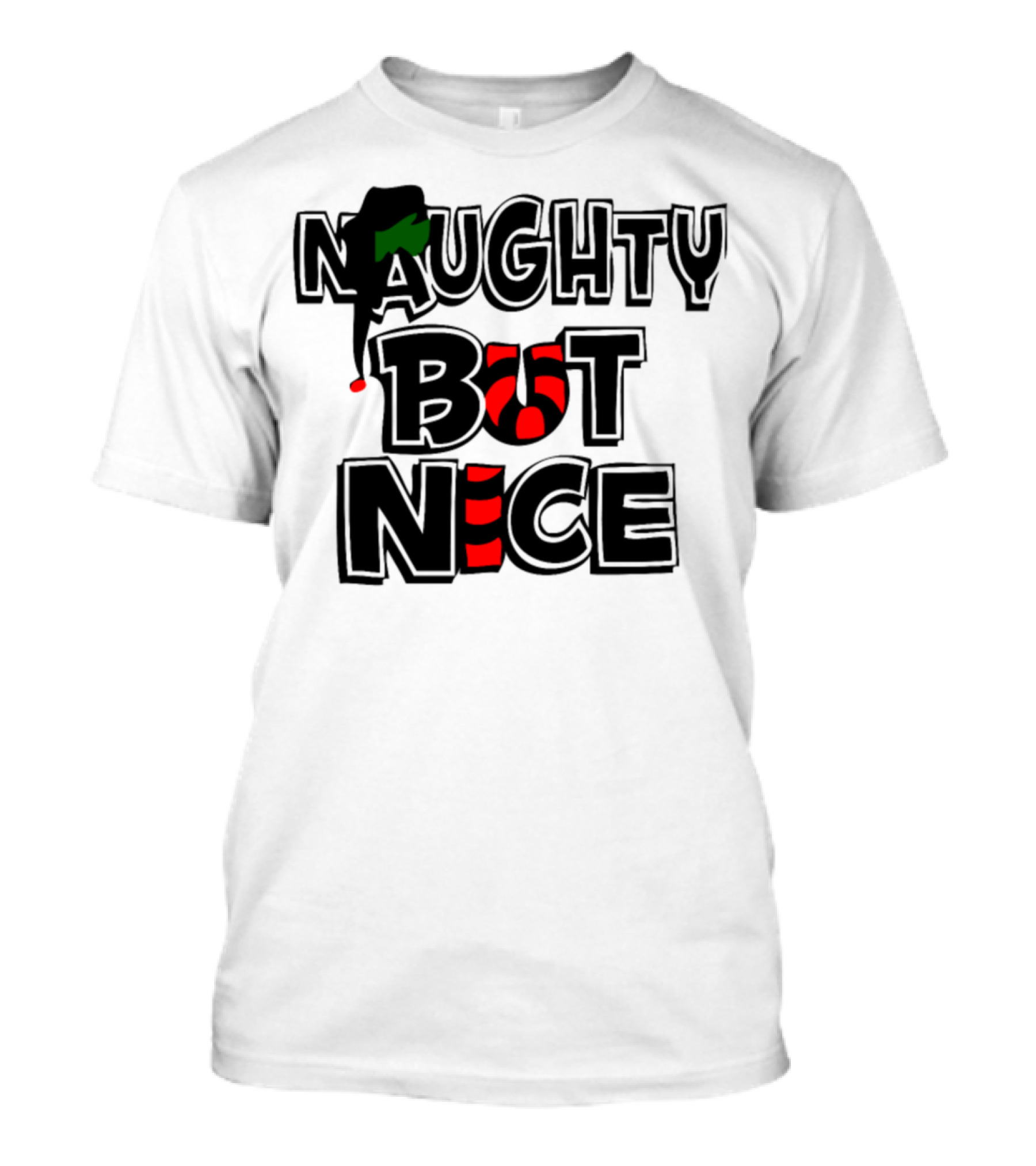 NAUGHTY BUT NICE Holiday Elf Hat And Striped Candy Cane Letters T-Shirt