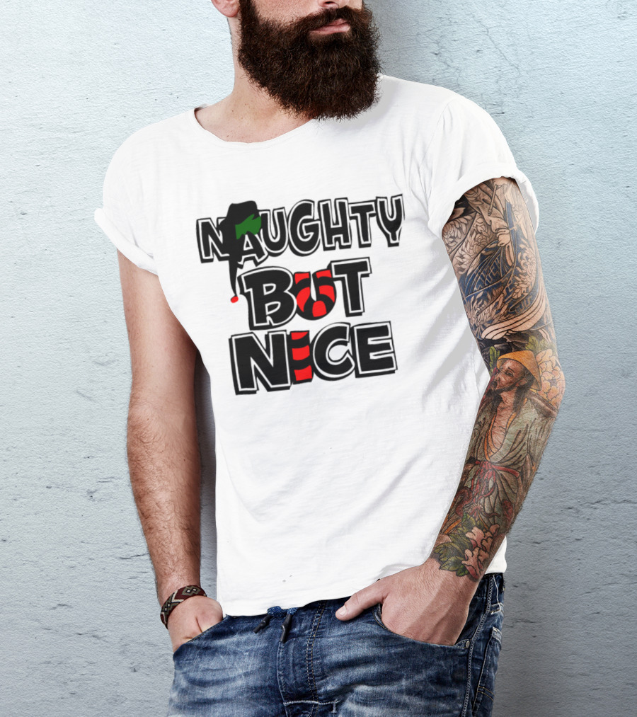 NAUGHTY BUT NICE Holiday Elf Hat And Striped Candy Cane Letters T-Shirt