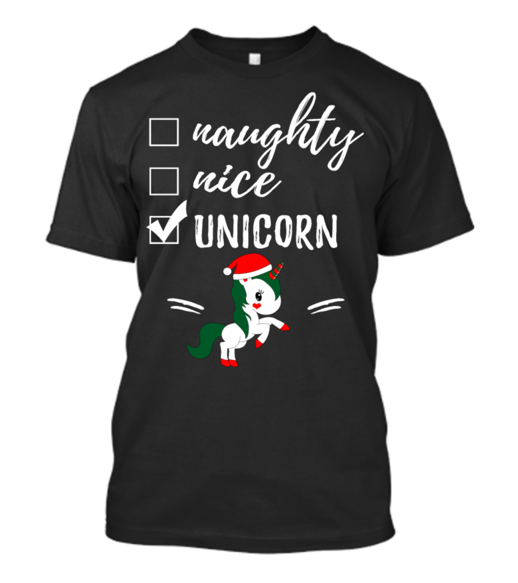 Naughty Nice Unicorn Santa Hat Christmas Checklist T-Shirt