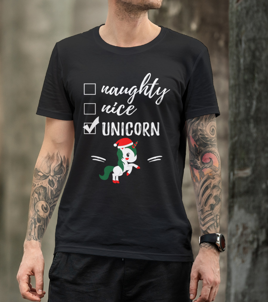 Naughty Nice Unicorn Santa Hat Christmas Checklist T-Shirt