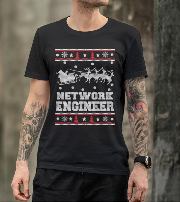 Network Engineer Ugly Christmas Sweater Santa Sleigh Reindeer Snowflakes T-Shirt