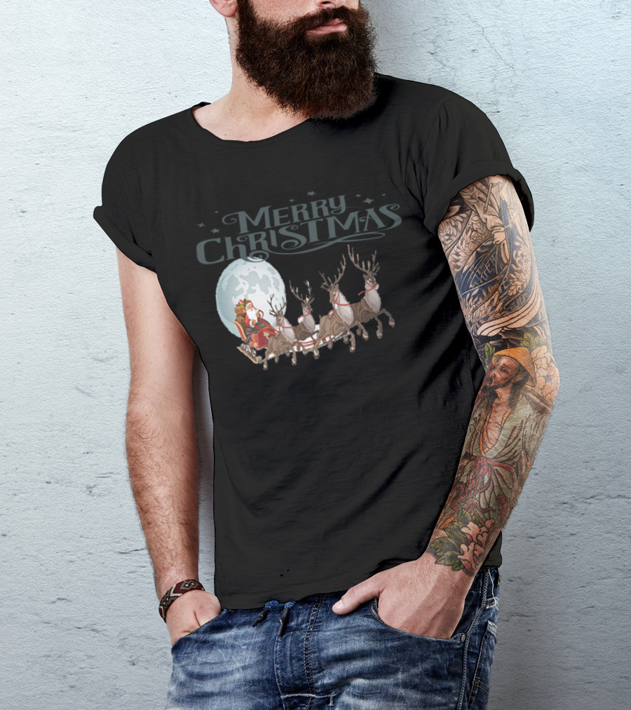Merry Christmas Santa Sleigh Reindeer Moon T-Shirt
