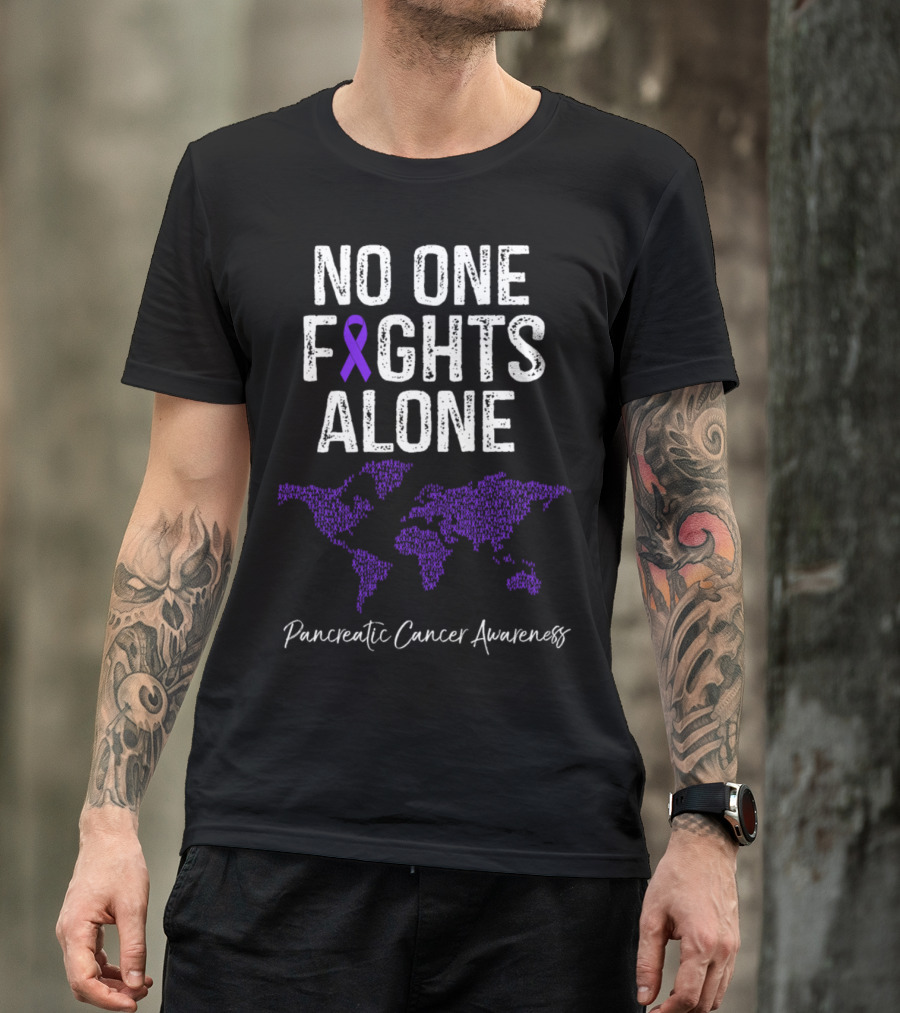 No One Fights Alone Pancreatic Cancer Awareness Purple Ribbon World Map T-Shirt