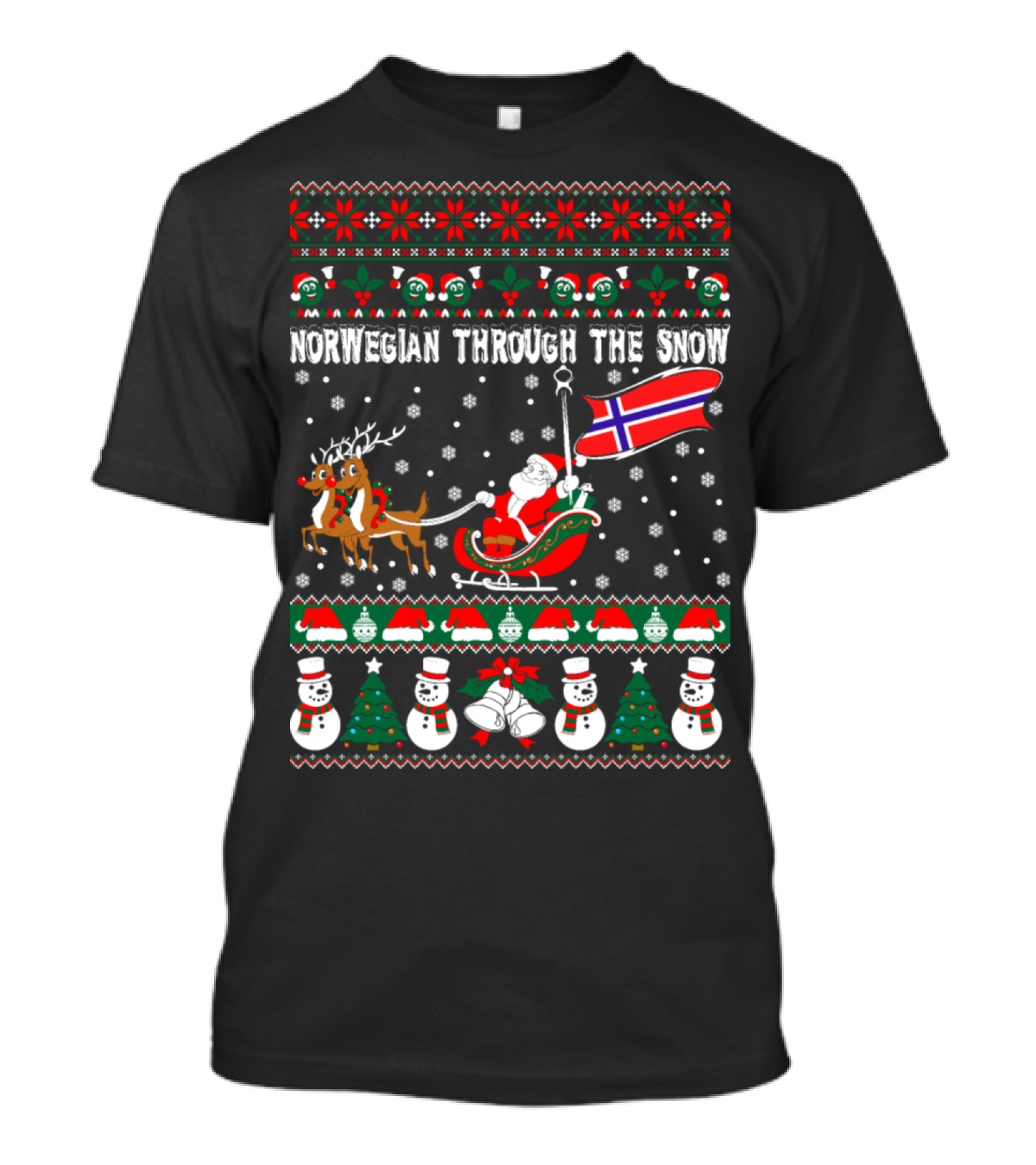 Santa Sleighing With Reindeer And Norwegian Flag Through The Snow T-Shirt