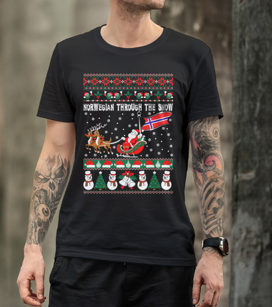 Santa Sleighing With Reindeer And Norwegian Flag Through The Snow T-Shirt