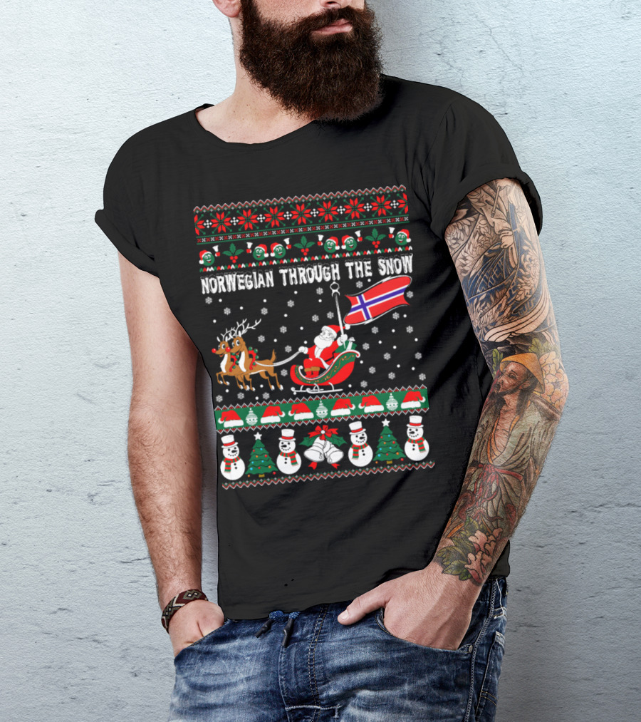 Santa Sleighing With Reindeer And Norwegian Flag Through The Snow T-Shirt