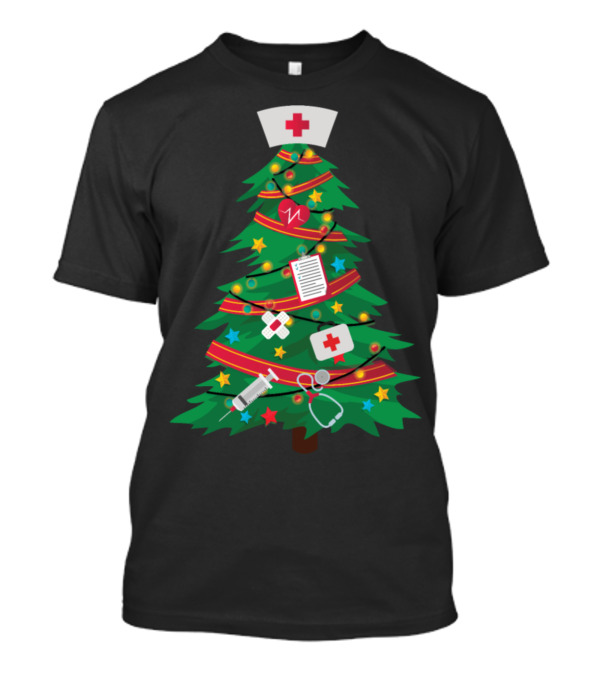 Nurse Christmas Tree Medical Holiday Decor Stethoscope Syringe Nurse Cap T-Shirt