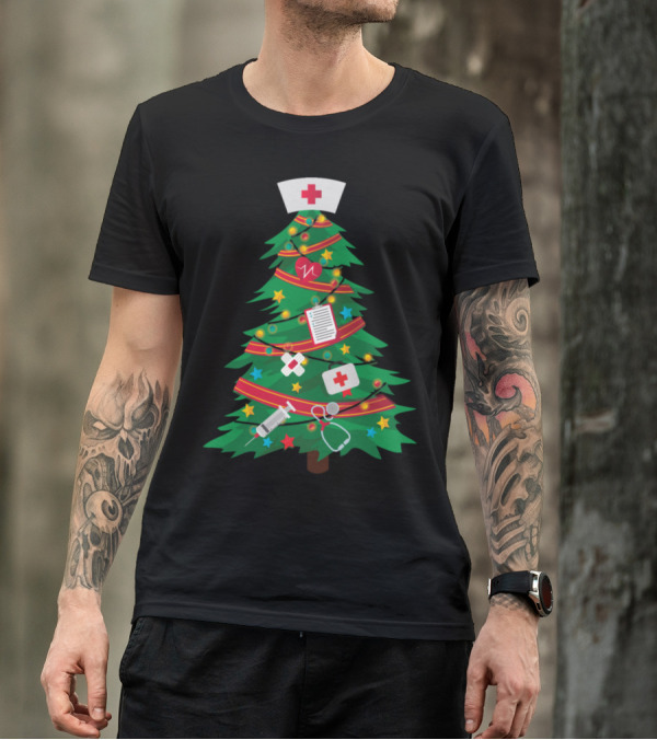 Nurse Christmas Tree Medical Holiday Decor Stethoscope Syringe Nurse Cap T-Shirt
