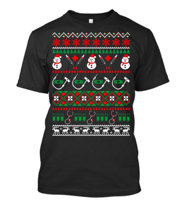 Nurse Doctor Medical Assistant Christmas Ugly Sweater Style Stethoscope Syringe Snowman T-Shirt