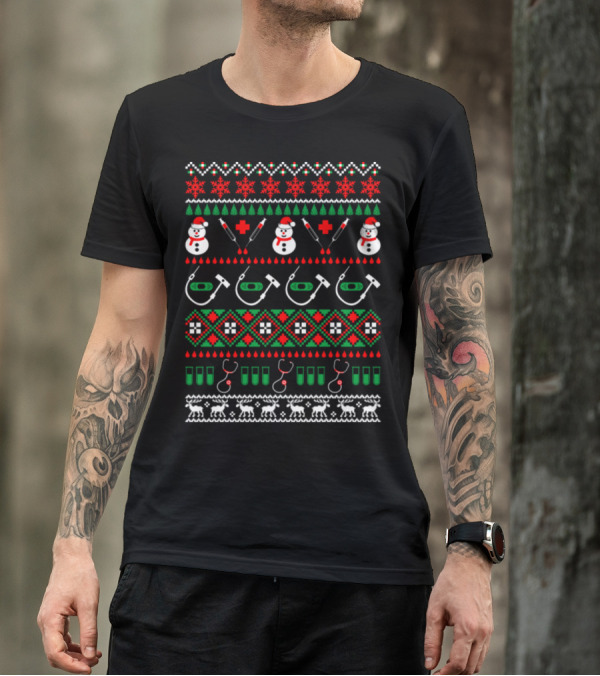 Nurse Doctor Medical Assistant Christmas Ugly Sweater Style Stethoscope Syringe Snowman T-Shirt