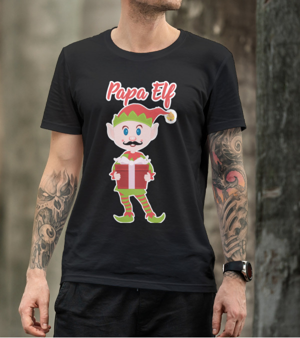 Papa Elf Christmas Character Holding Gift T-Shirt