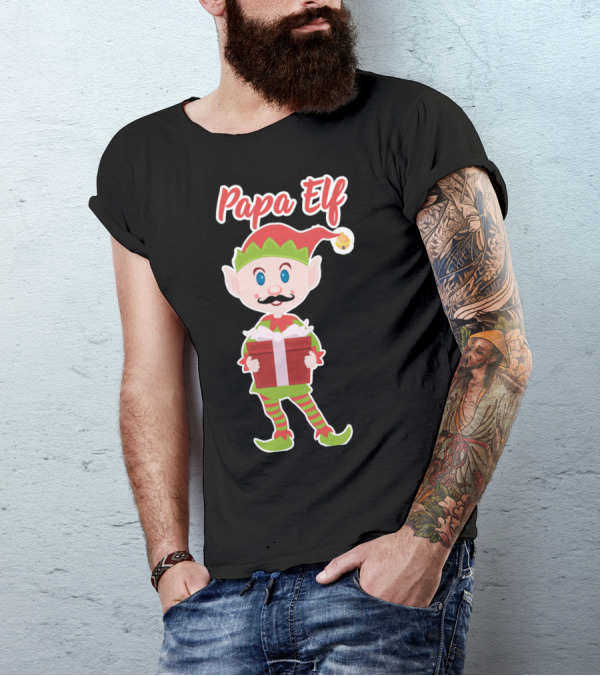 Papa Elf Christmas Character Holding Gift T-Shirt