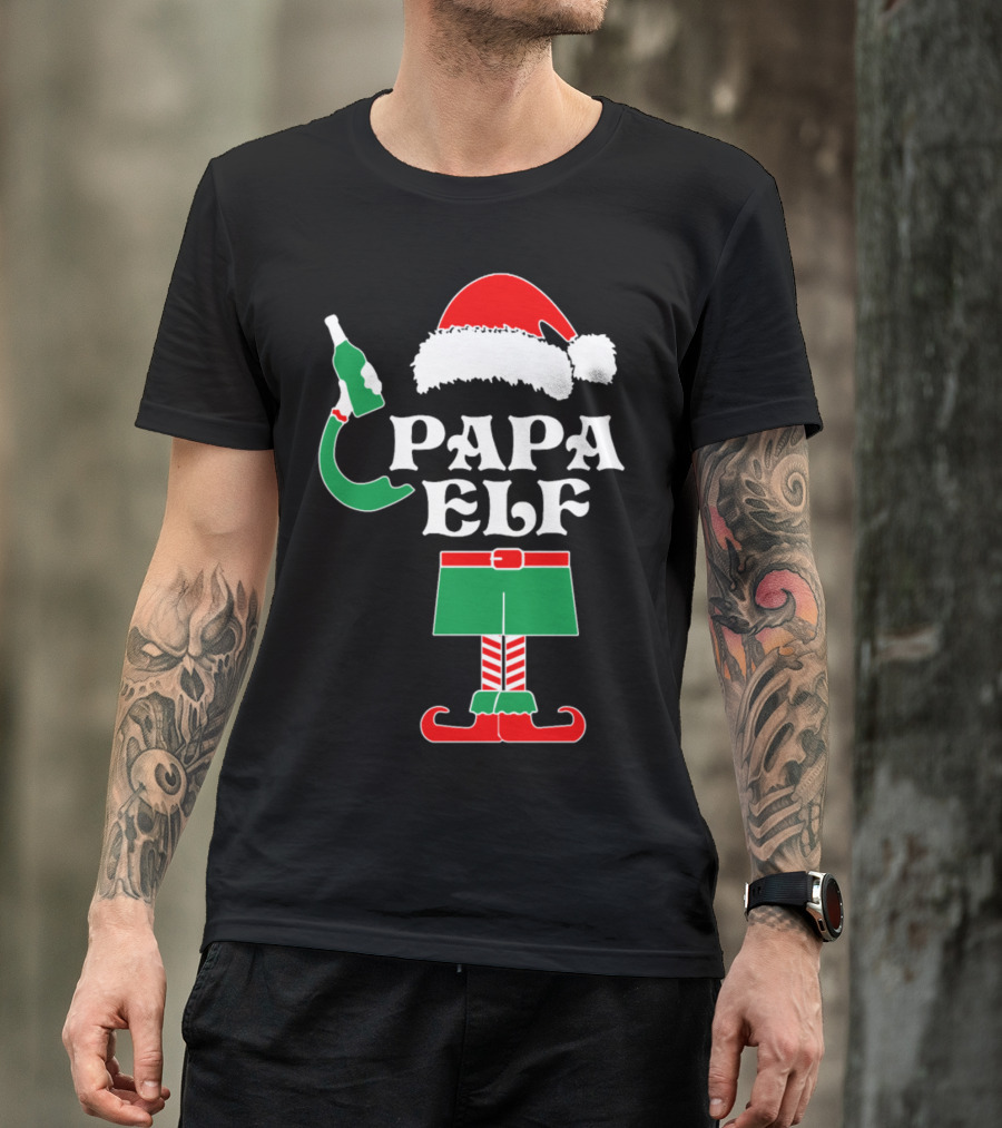 Papa Elf Christmas Santa Hat Outfit With Bottle T-Shirt