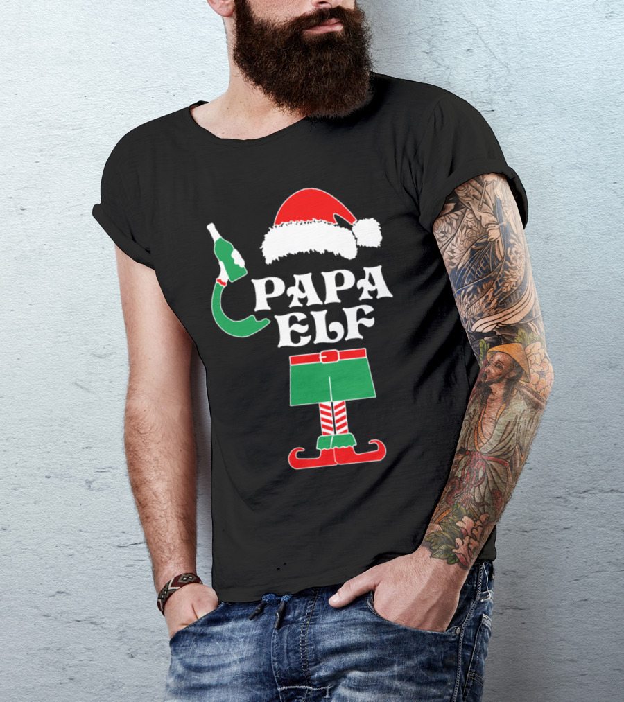 Papa Elf Christmas Santa Hat Outfit With Bottle T-Shirt
