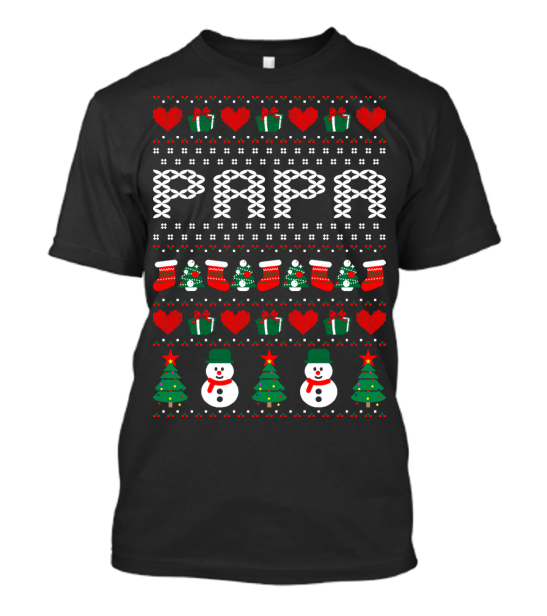 Papa Christmas Snowman Tree Hearts Stockings Presents T-Shirt