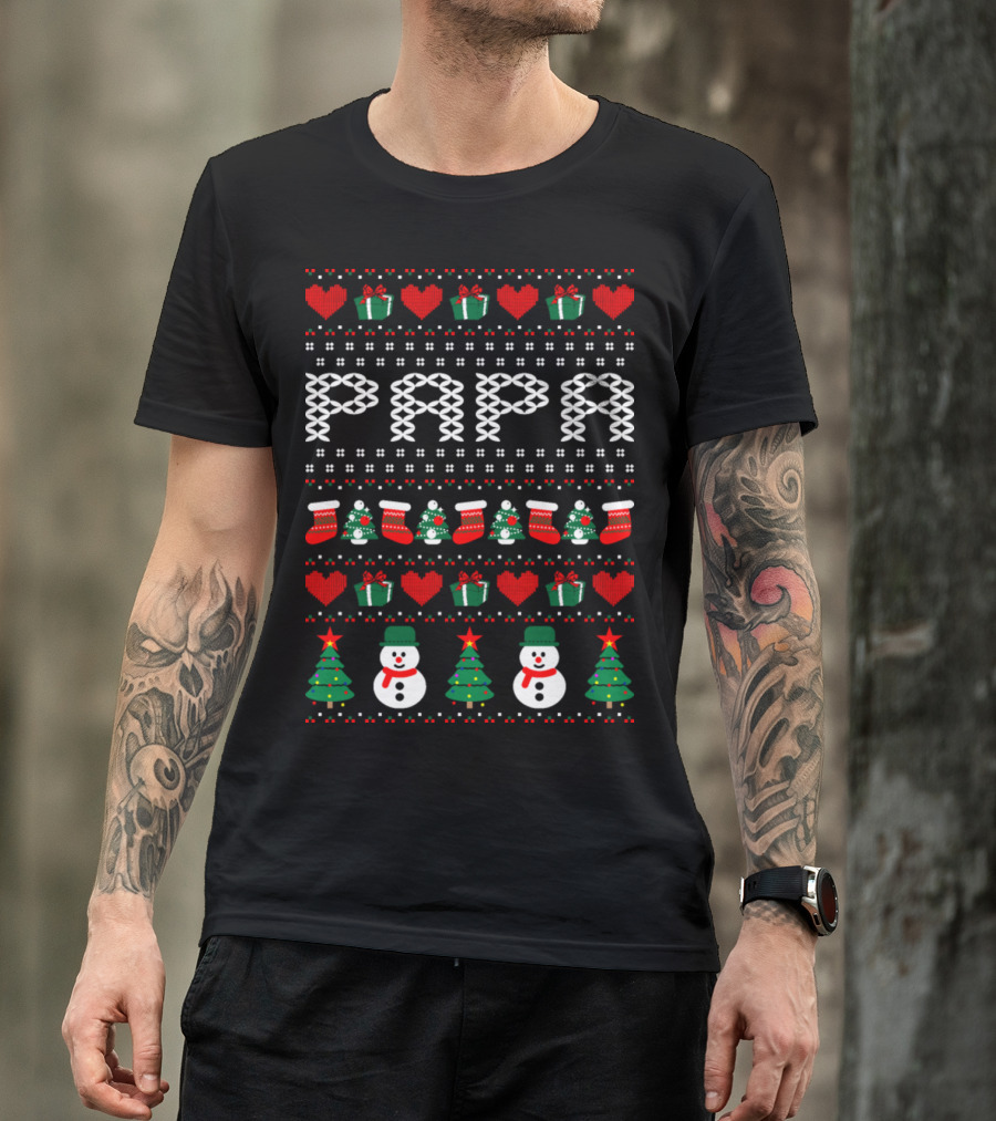 Papa Christmas Snowman Tree Hearts Stockings Presents T-Shirt