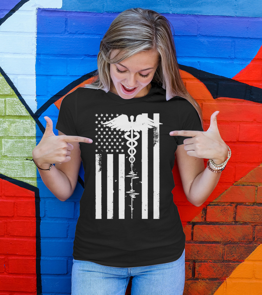 Patriot Nurse Caduceus Thin Red Line Distressed US Flag T-Shirt