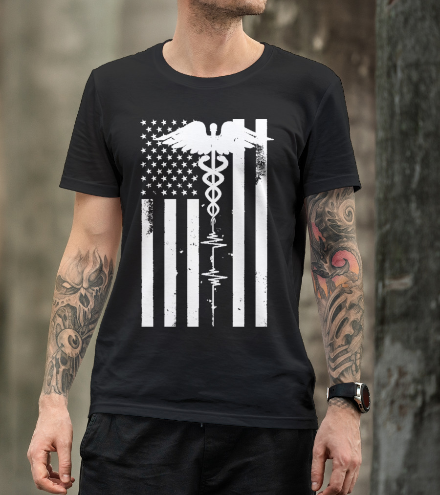 Patriot Nurse Caduceus Thin Red Line Distressed US Flag T-Shirt