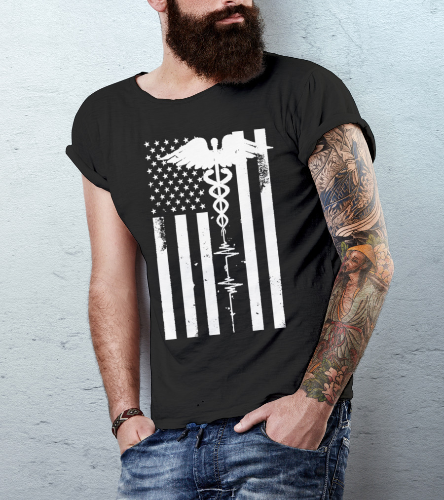 Patriot Nurse Caduceus Thin Red Line Distressed US Flag T-Shirt