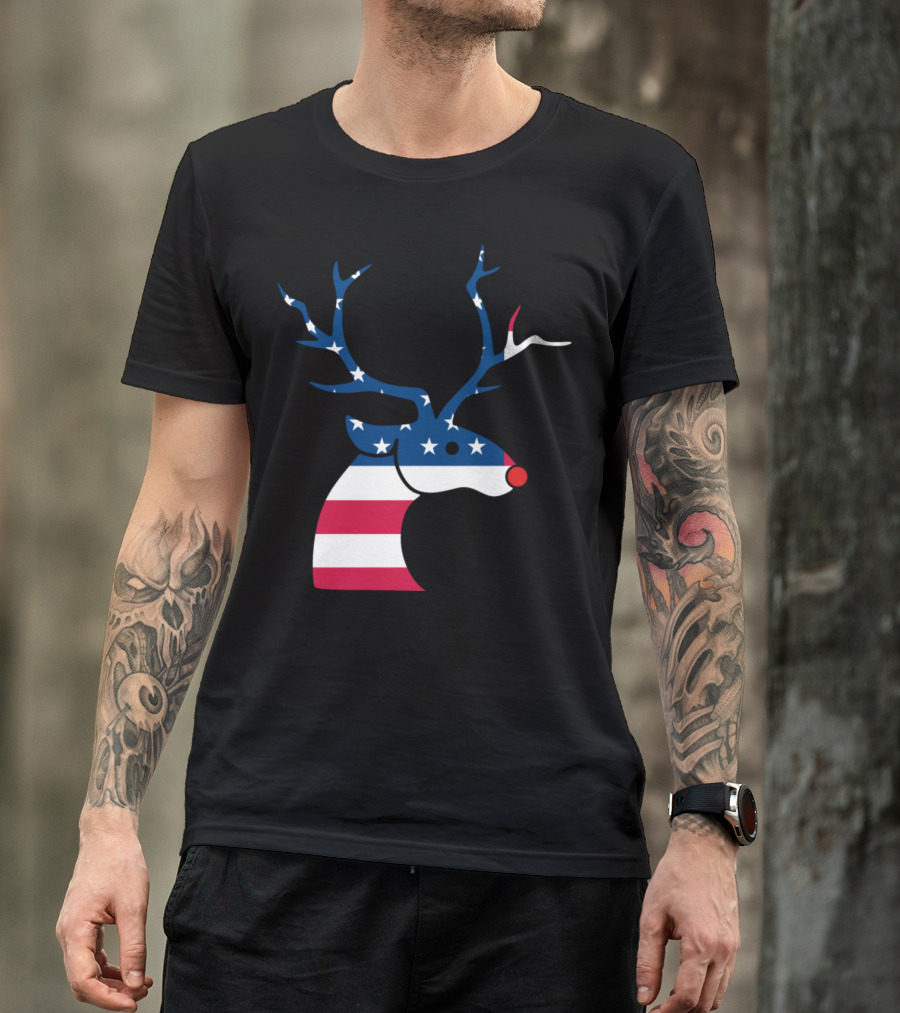 Patriotic Christmas Reindeer With American Flag Antlers And Stripes T-Shirt