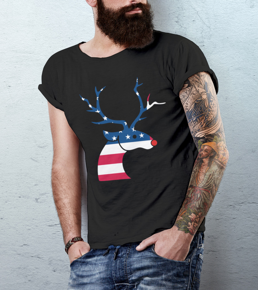 Patriotic Christmas Reindeer With American Flag Antlers And Stripes T-Shirt